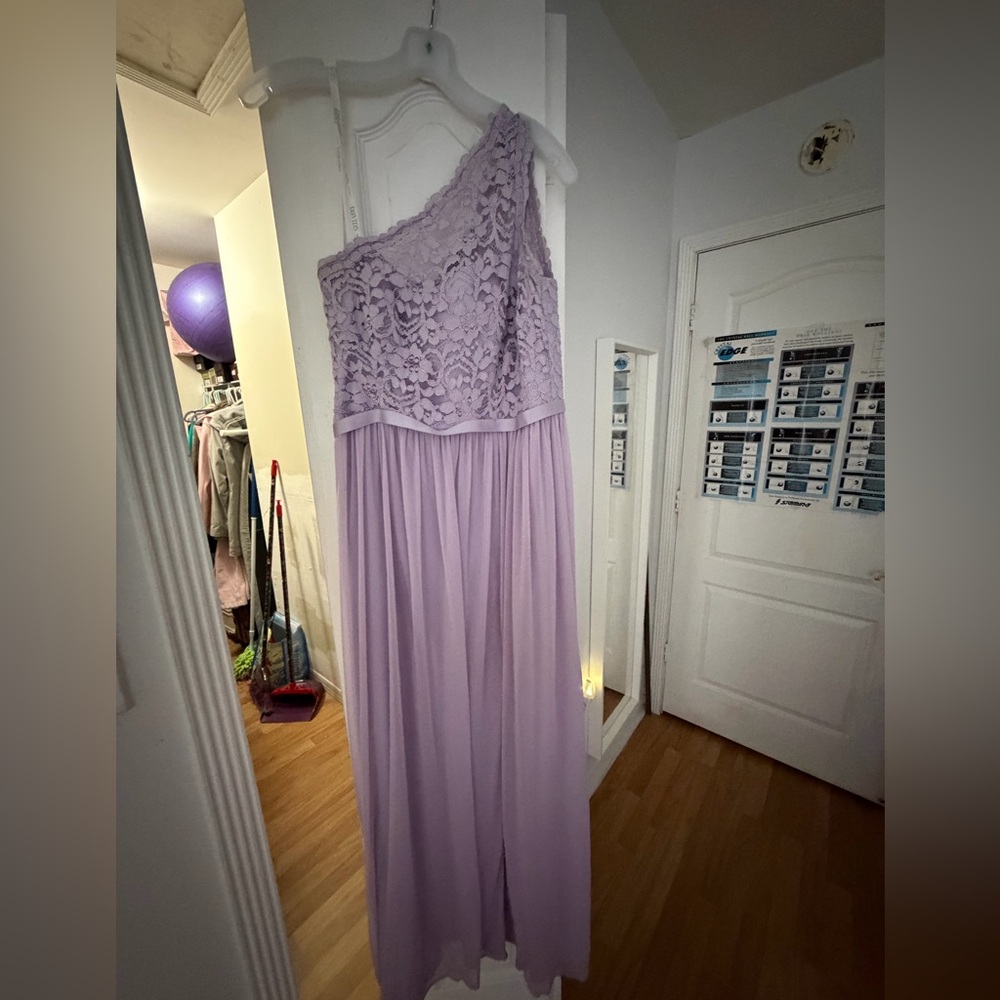 David's Bridal Lavender Lace One-Shoulder Gown
